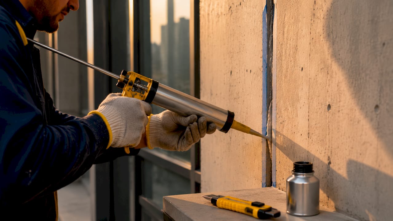 Hands applying sealant with backer rod in joint