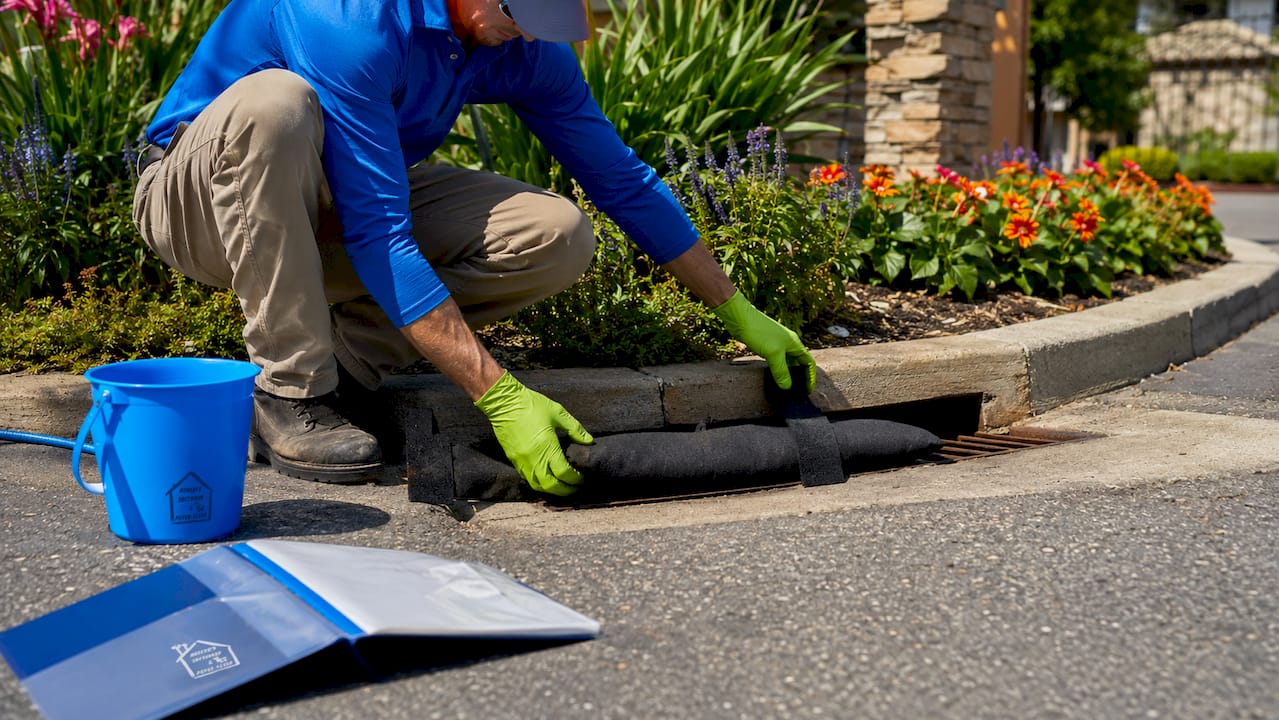 Contractor installing wash water containment blocker