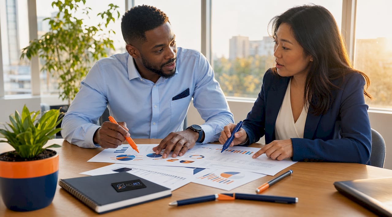 Consultants discussing marketing cost strategies
