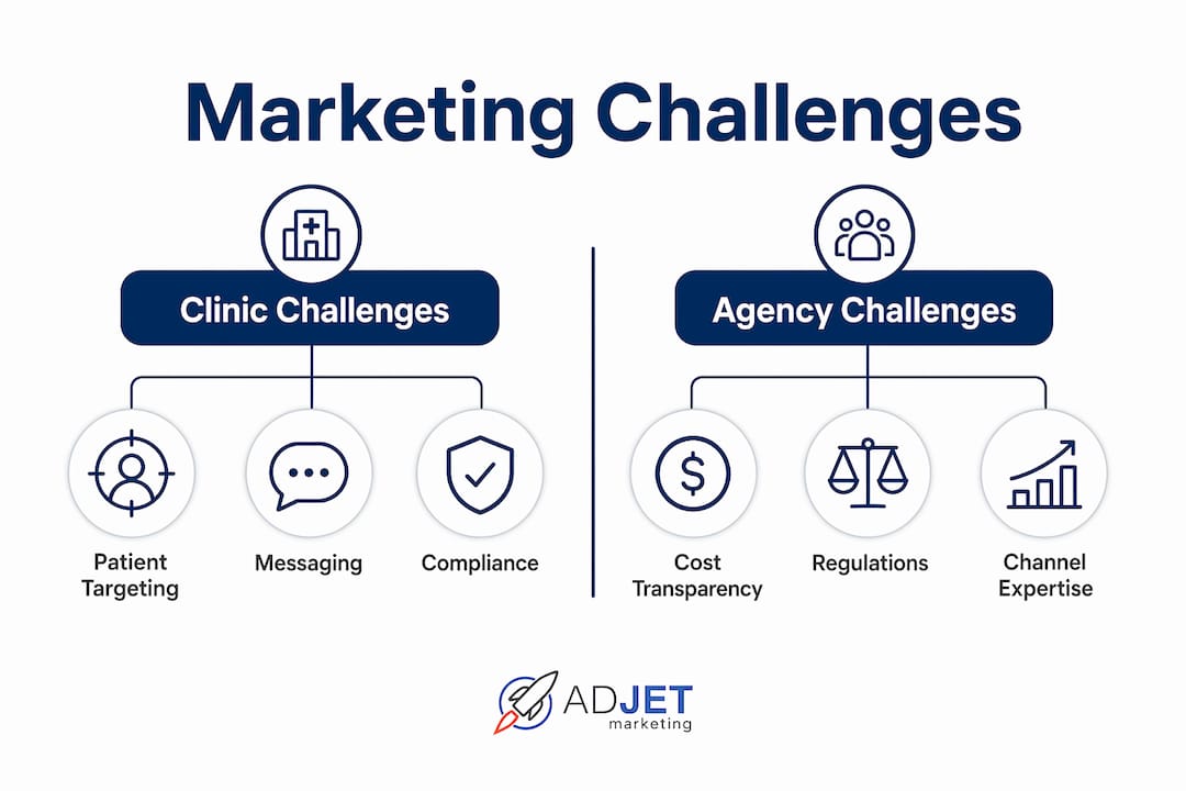 Comparison infographic of clinic and agency marketing challenges