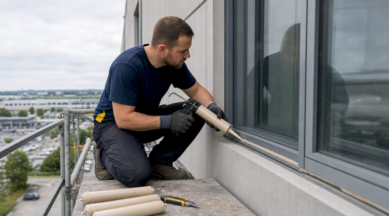 Technician applying caulking on window joint