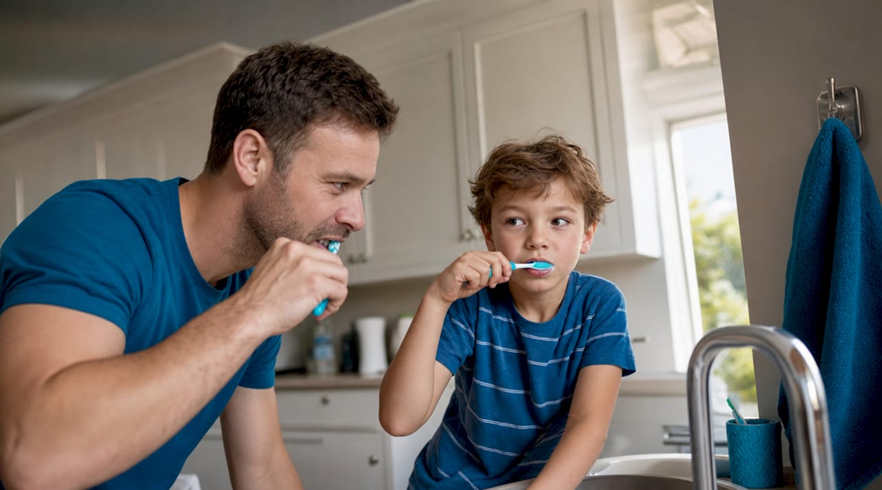 Father helping child brush teeth at sink
