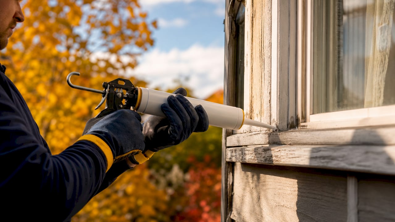 Close-up of hands caulking wooden window frame