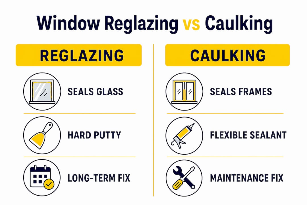 Infographic comparing reglazing and caulking key differences