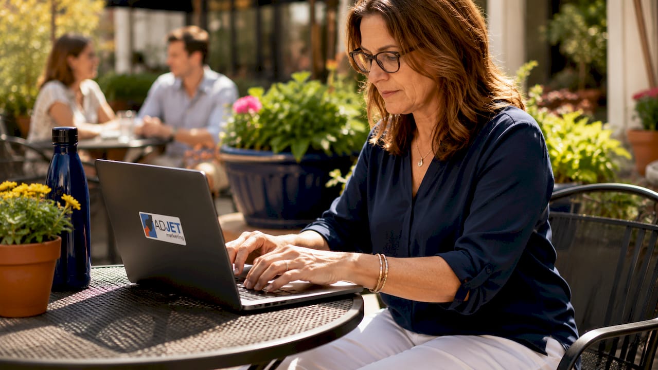 Close-up of hands typing local SEO strategy on laptop
