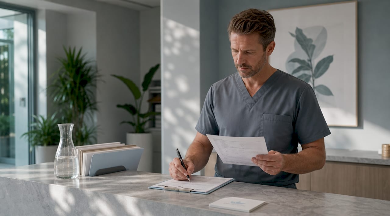 Nurse practitioner reviewing client medical history form