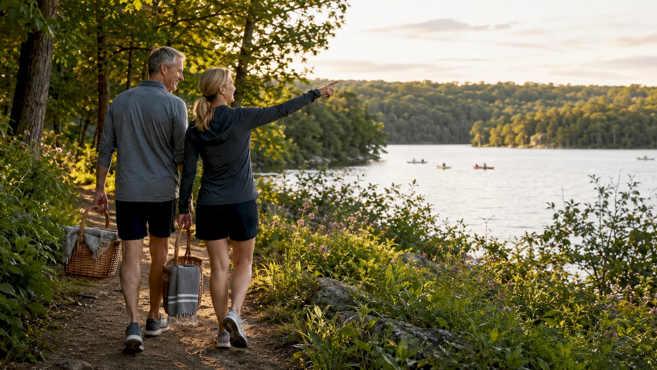 Couple enjoying lakefront trail on lifestyle property