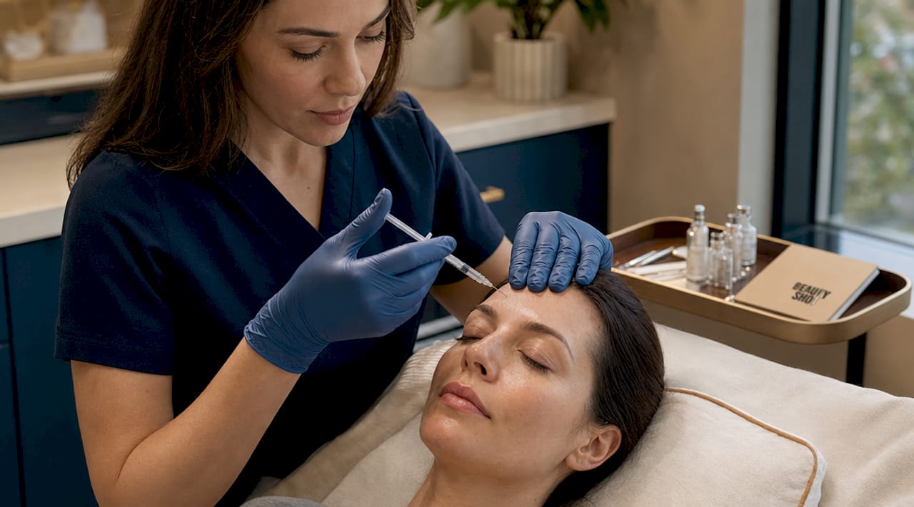 Medical professional preparing injection on forehead