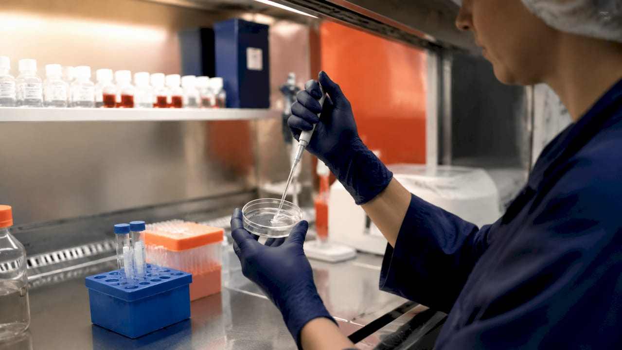Hands preparing cell-free regenerative therapy components