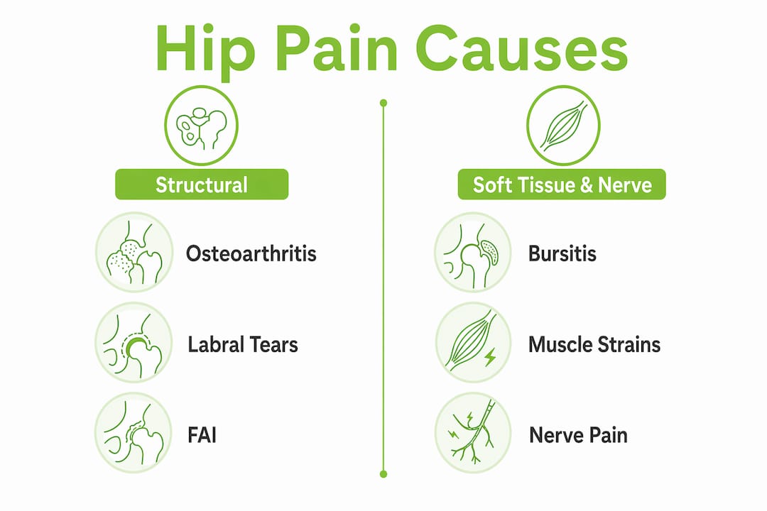 Infographic showing common structural and soft tissue hip pain causes