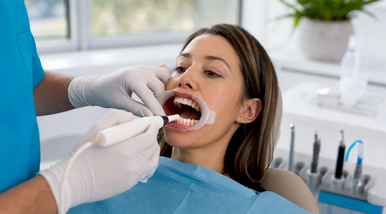 Dentist examining intrinsic tooth stains with camera