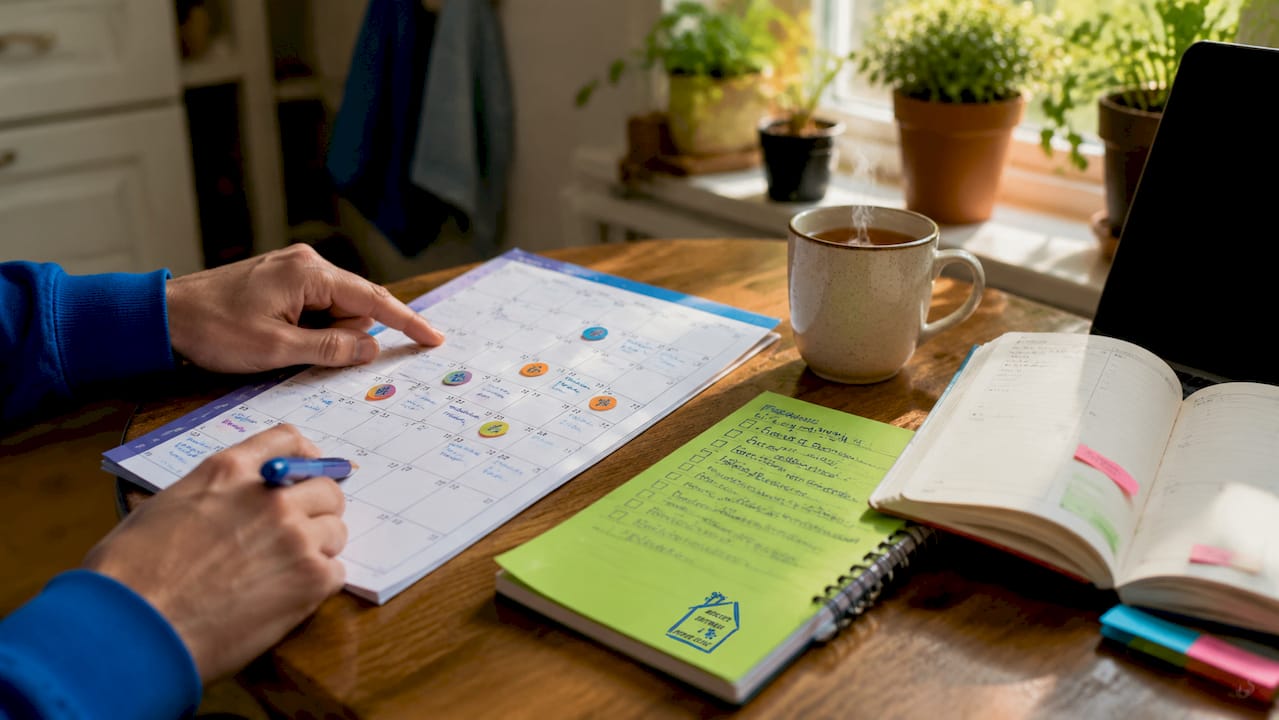 Hands planning tenant turnover cleaning schedule at desk