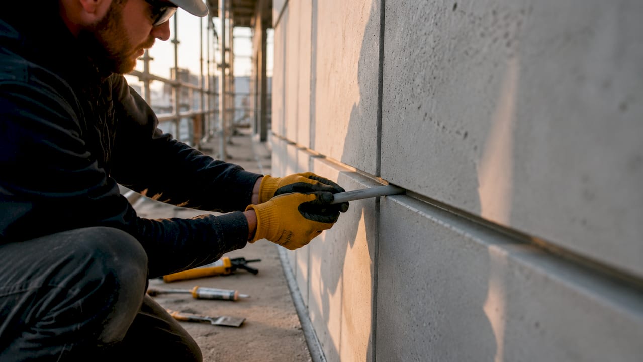 Hands installing backer rod in concrete joint