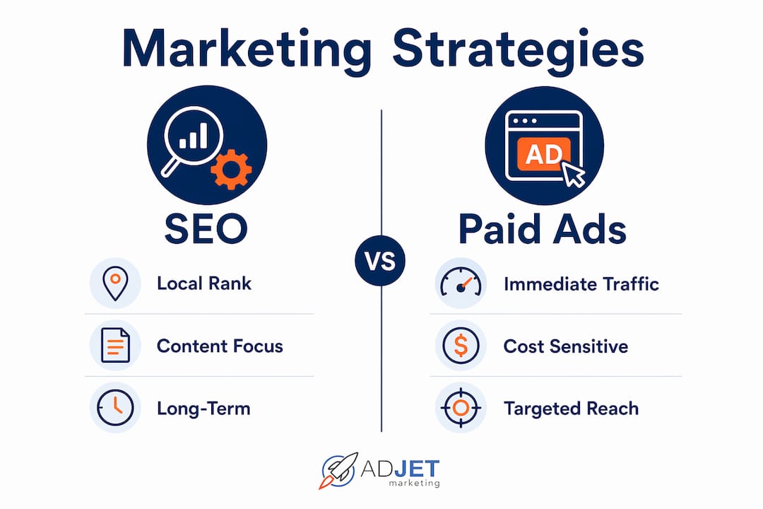 Infographic comparing HVAC SEO and paid ads strategies