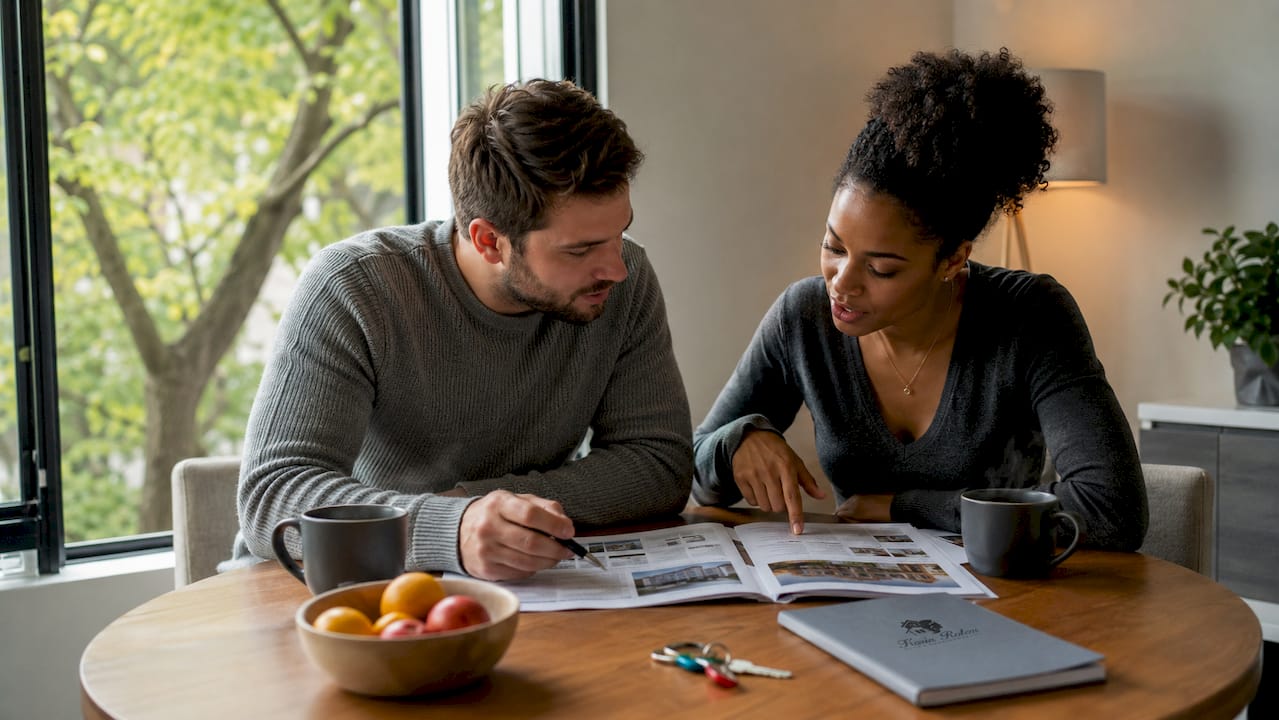 Couple comparing housing costs over breakfast