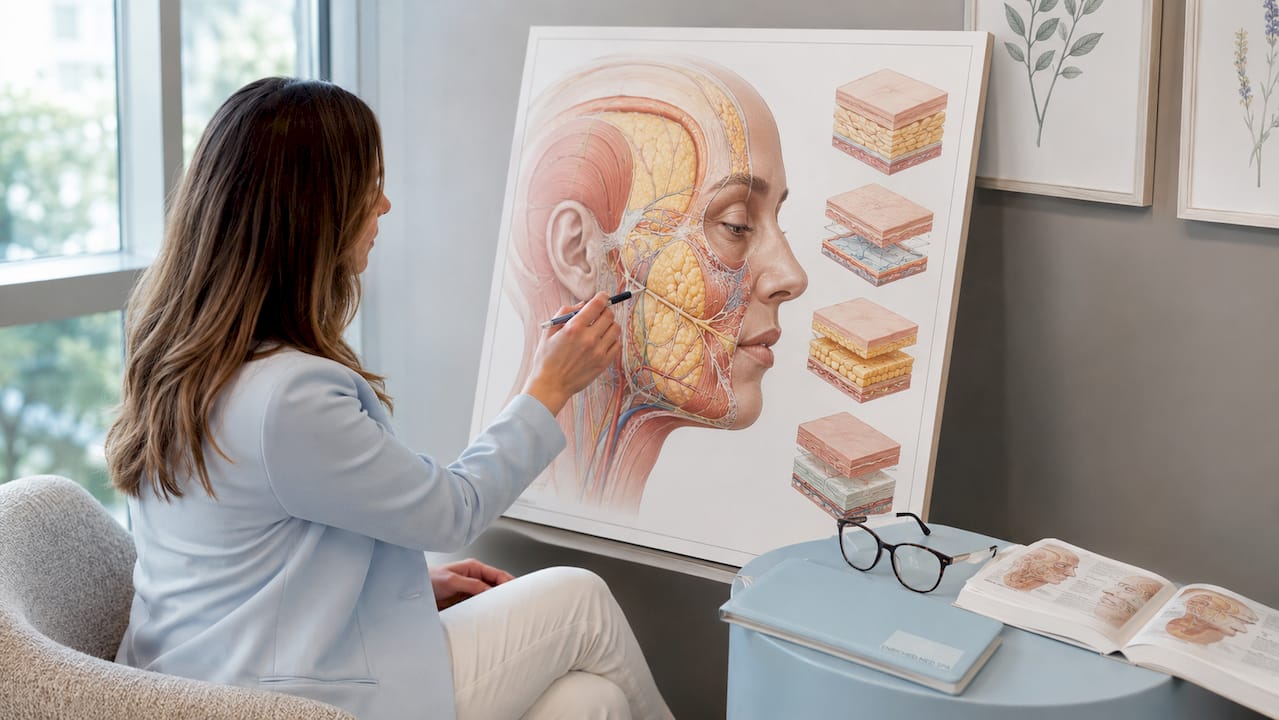 Printed facial anatomy illustration with pointer