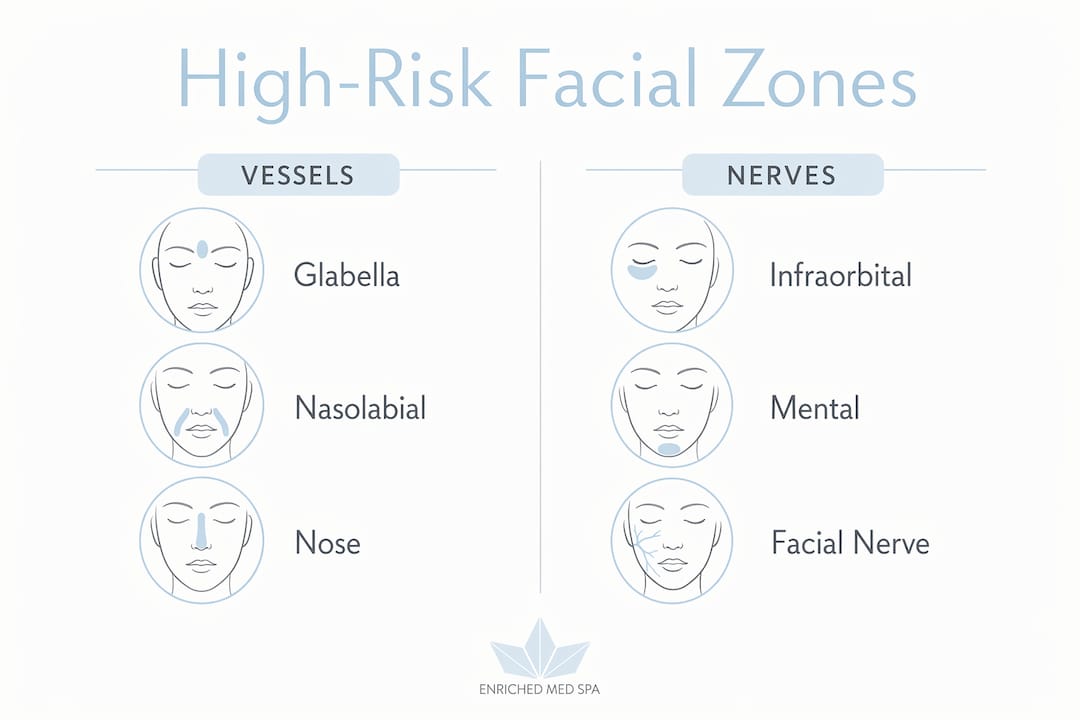 Infographic highlighting high-risk facial zones for injectables