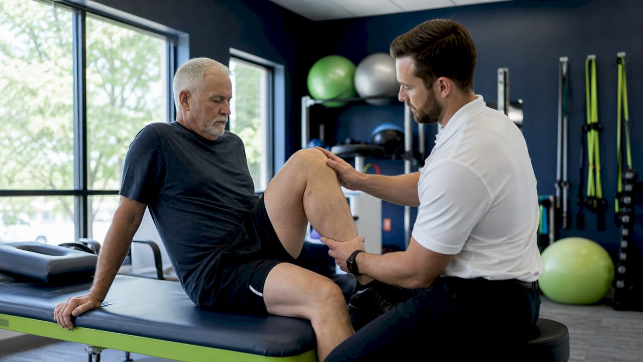 Physical therapist assisting knee rehab exercise