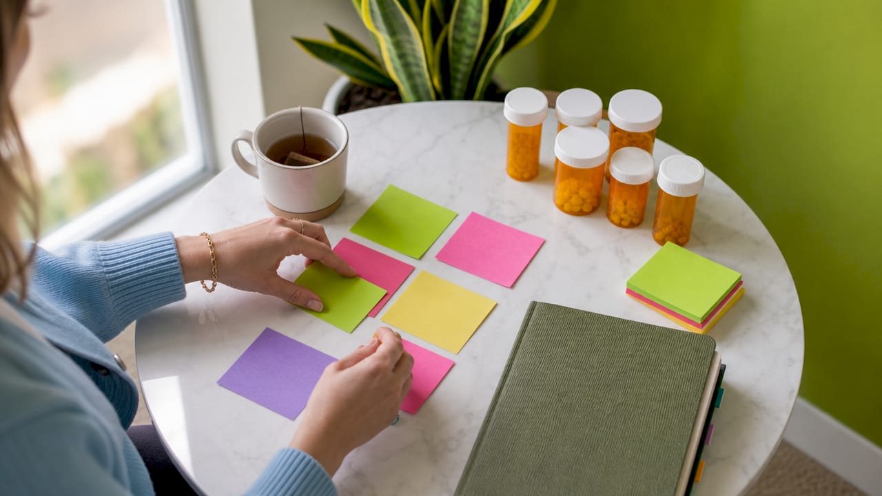 Hands taking notes with therapy and medication tools