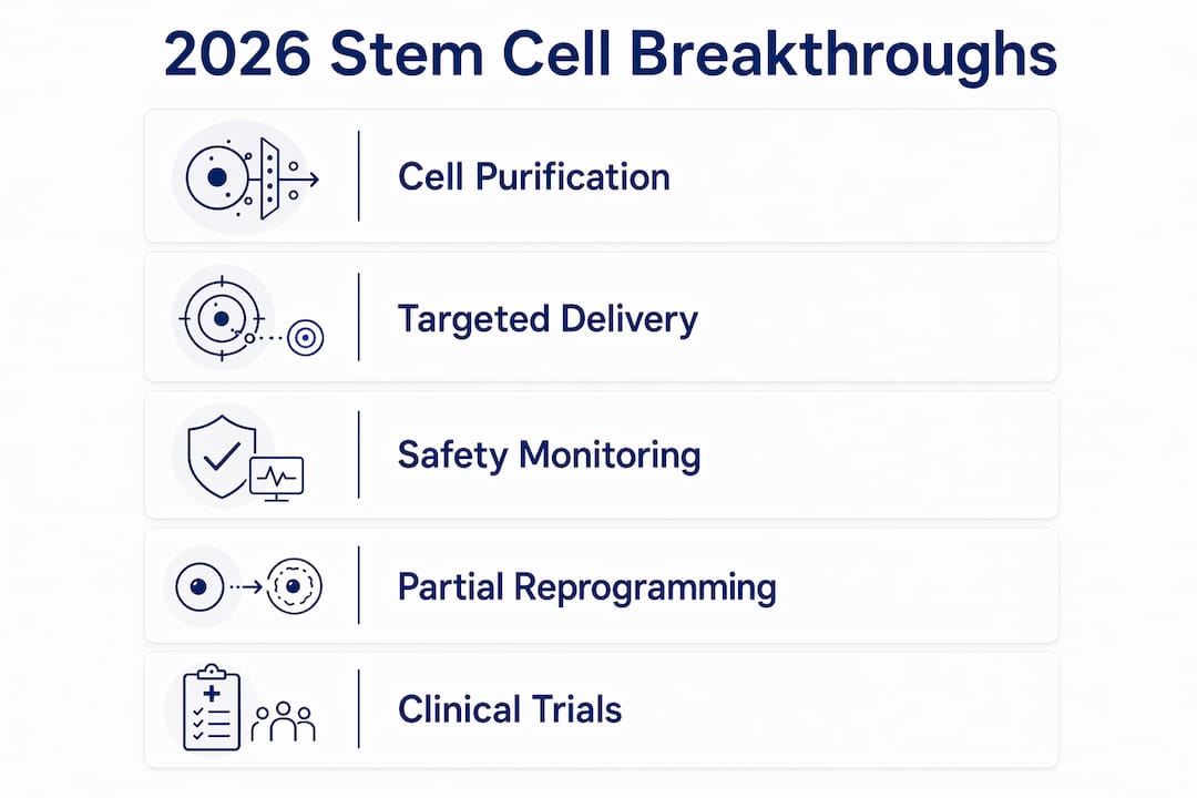 Infographic illustrating 2026 stem cell therapy advancements