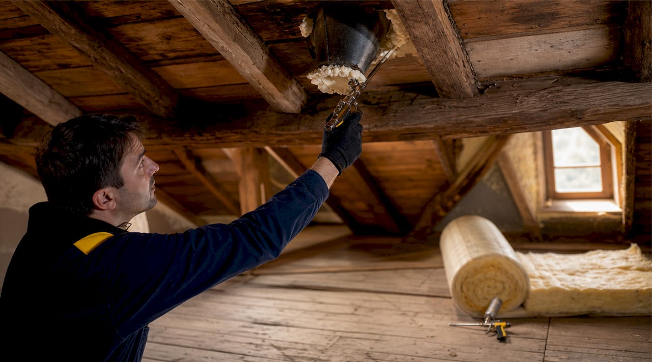Hand applying foam sealant to attic ceiling gap