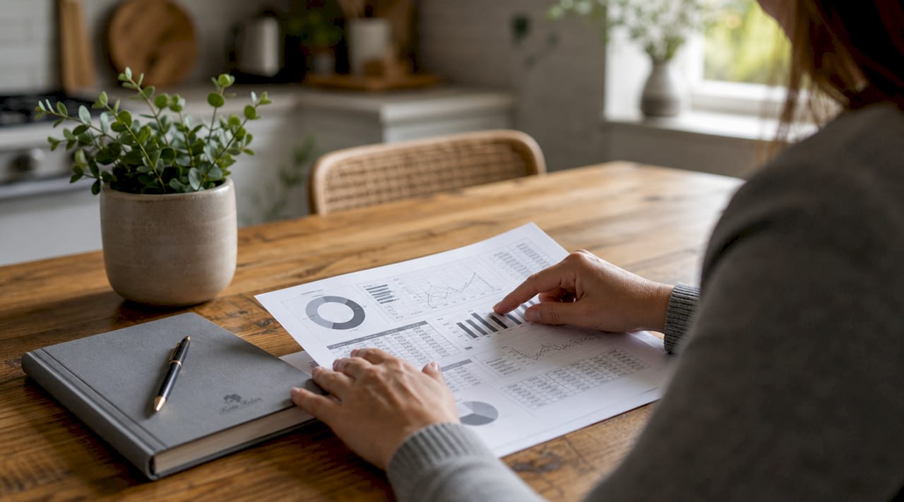 Hands holding rental income projection document on desk