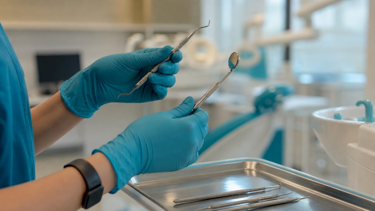 Closeup of dental cleaning instruments
