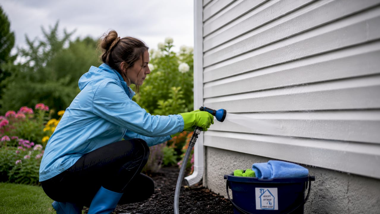 Hands spraying house siding with hose in cloudy weather