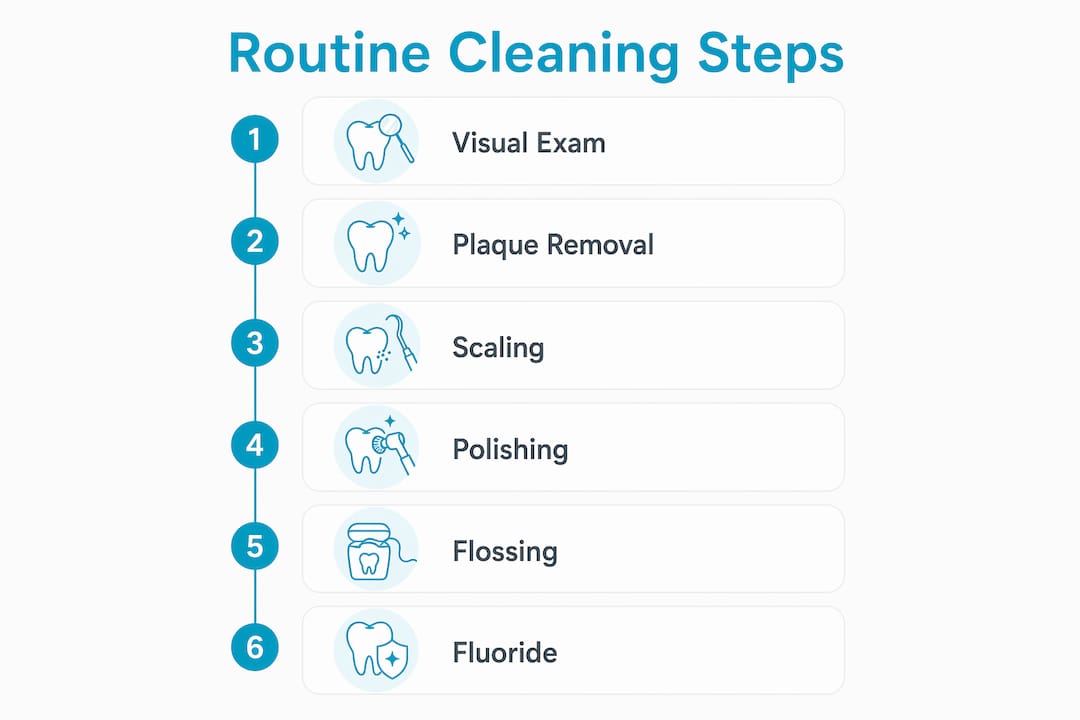 Infographic showing routine dental cleaning steps