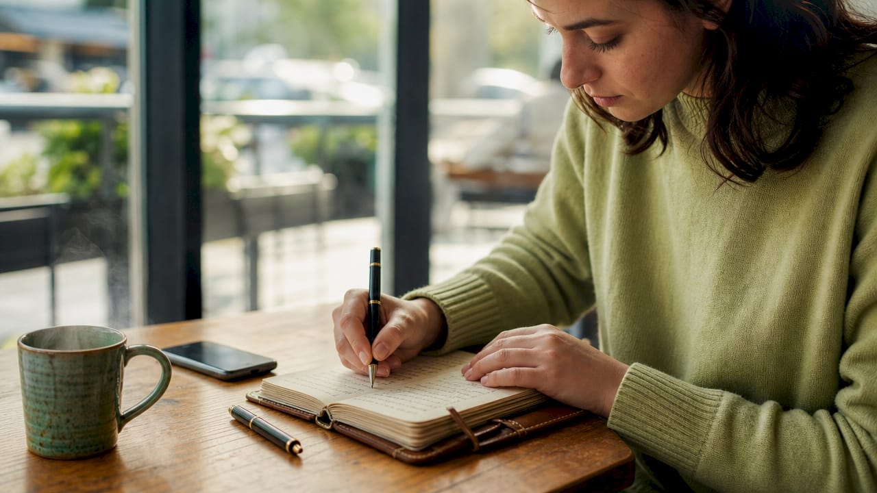 Hands writing symptom log at kitchen table