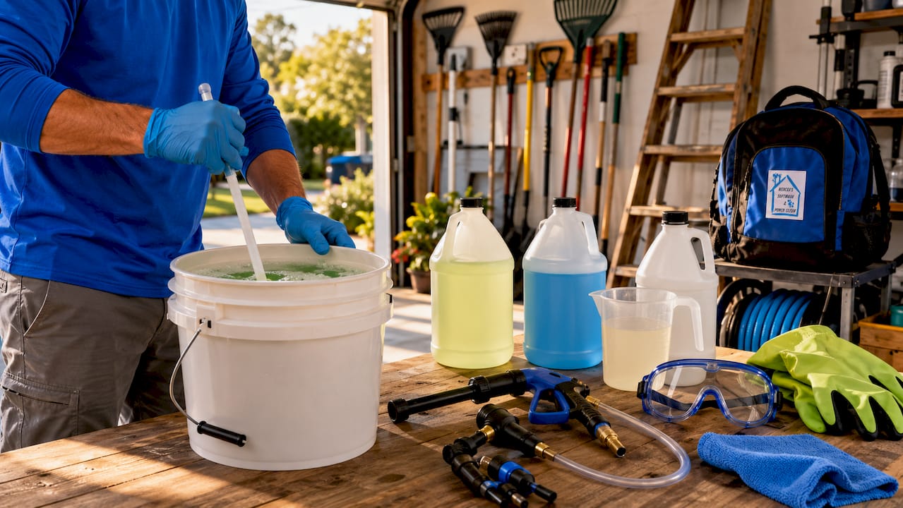 Close-up of chemical mixing for soft wash
