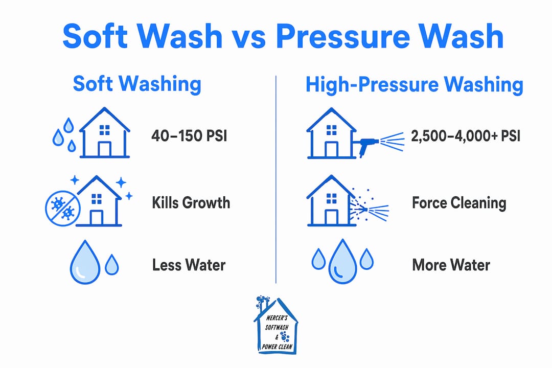 Infographic comparing soft washing and high-pressure washing