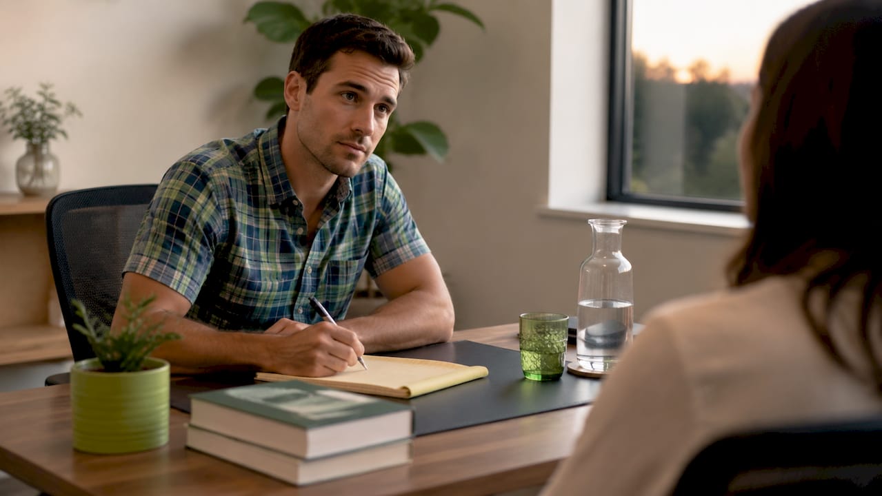 Therapist focused while taking session notes