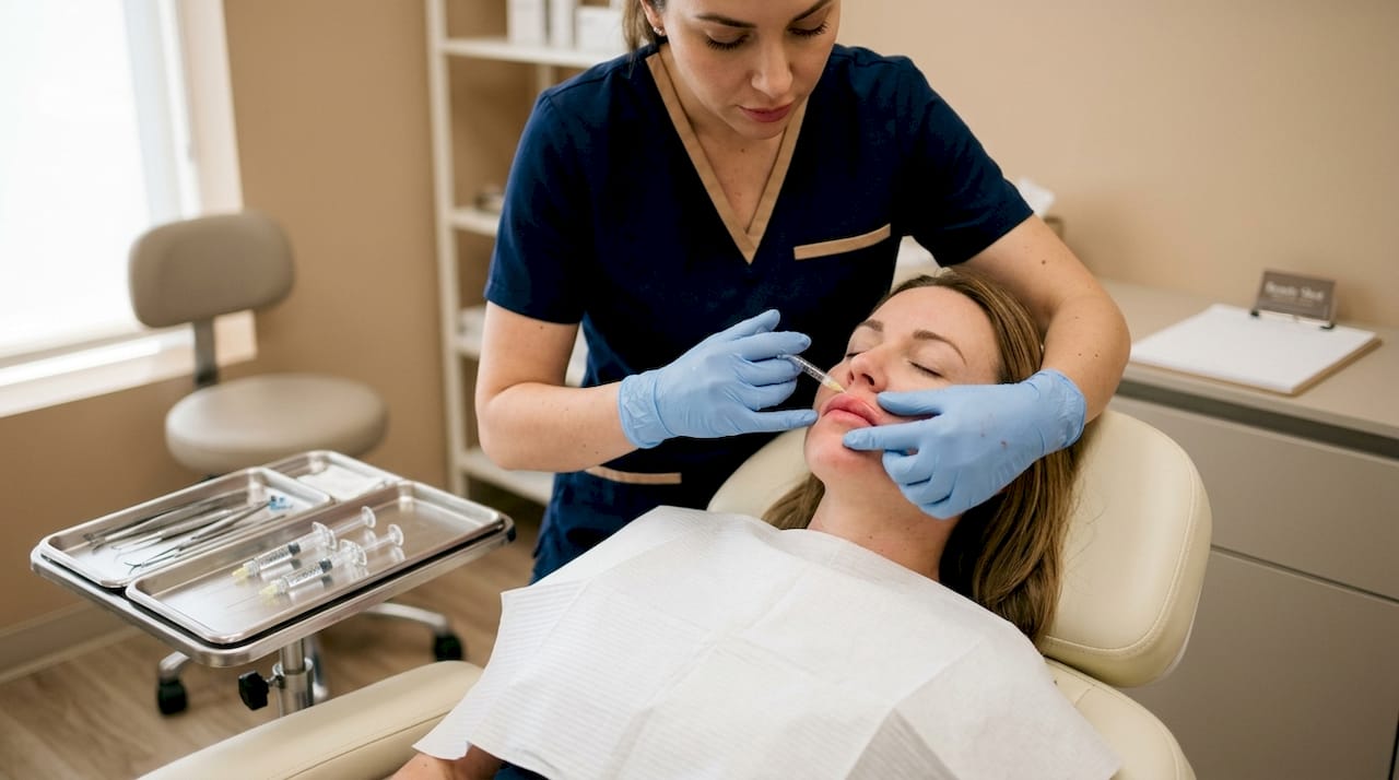Gloved hands injecting lips with filler using linear threading technique