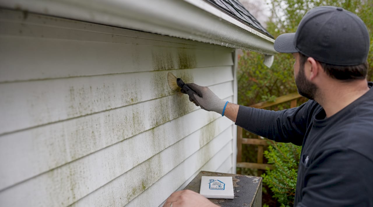 Close-up of green black streaks on siding and roof