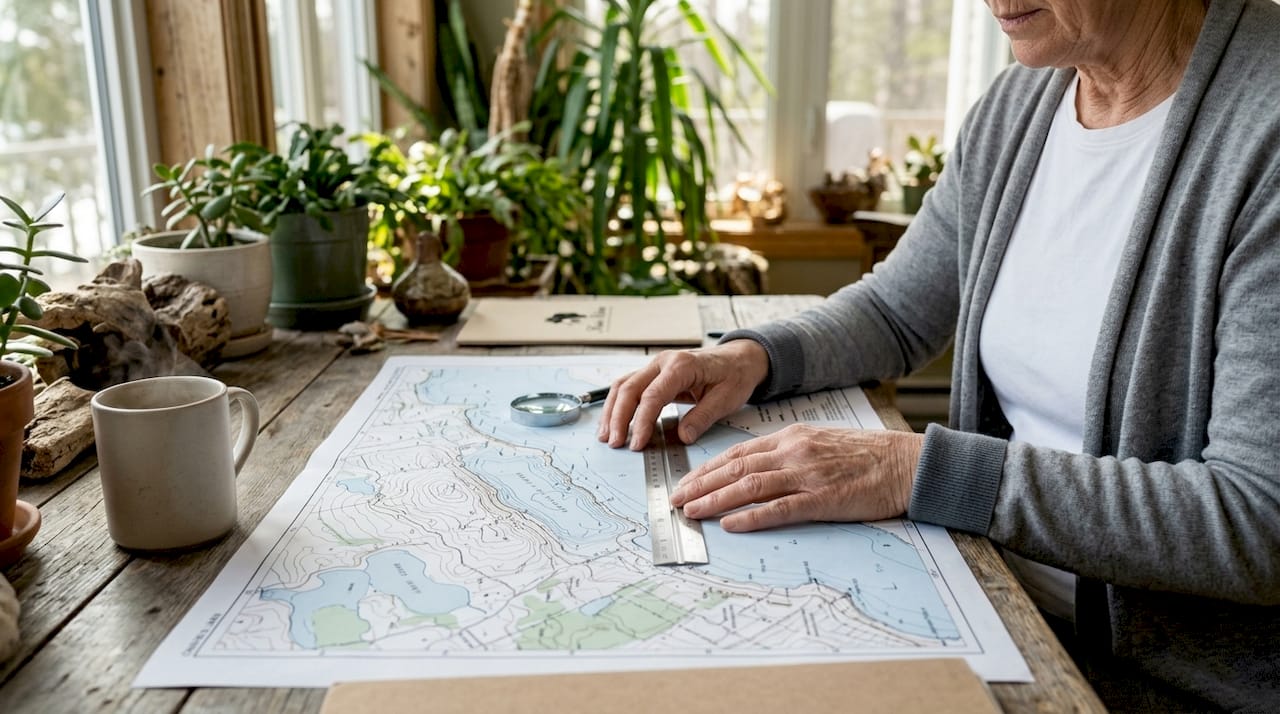 Expert evaluating lakeshore map with magnifying glass