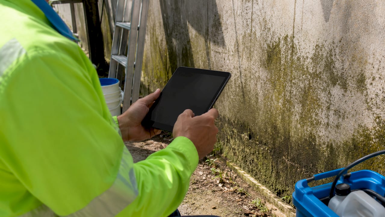 Technician inspecting brick wall surface with tablet