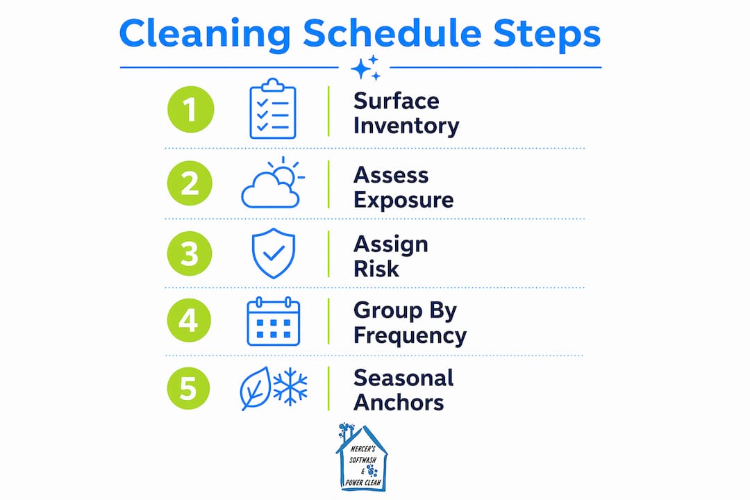 Infographic depicting exterior cleaning schedule steps