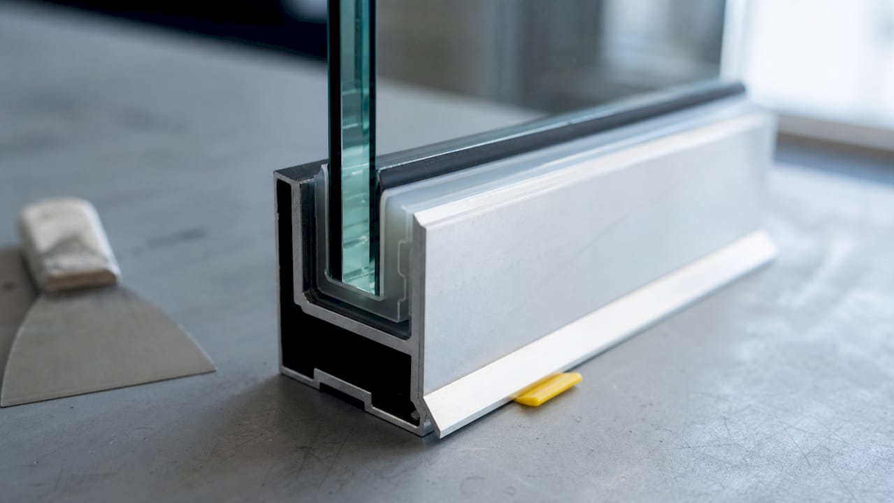 Close-up of silicone sealant bonding glass to metal frame