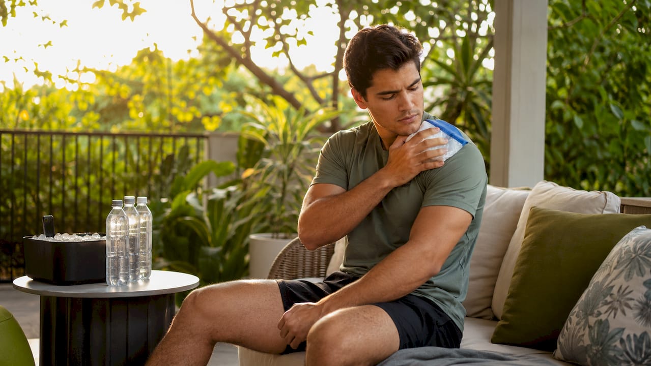 Man applying cold pack to shoulder at home
