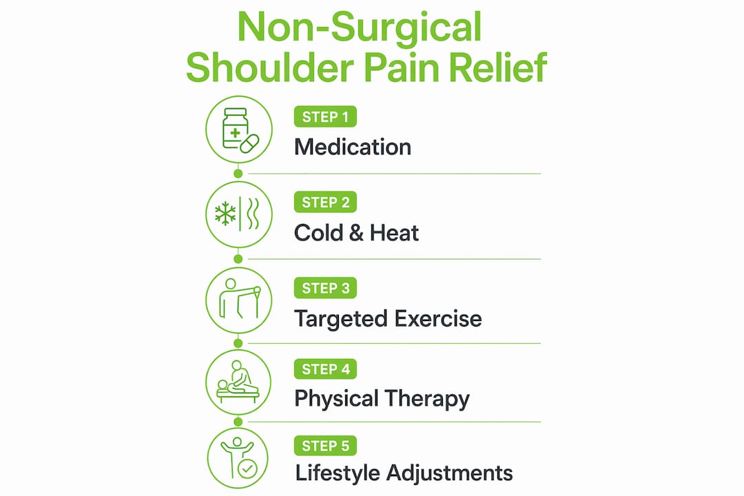 Infographic illustrating steps for shoulder pain relief