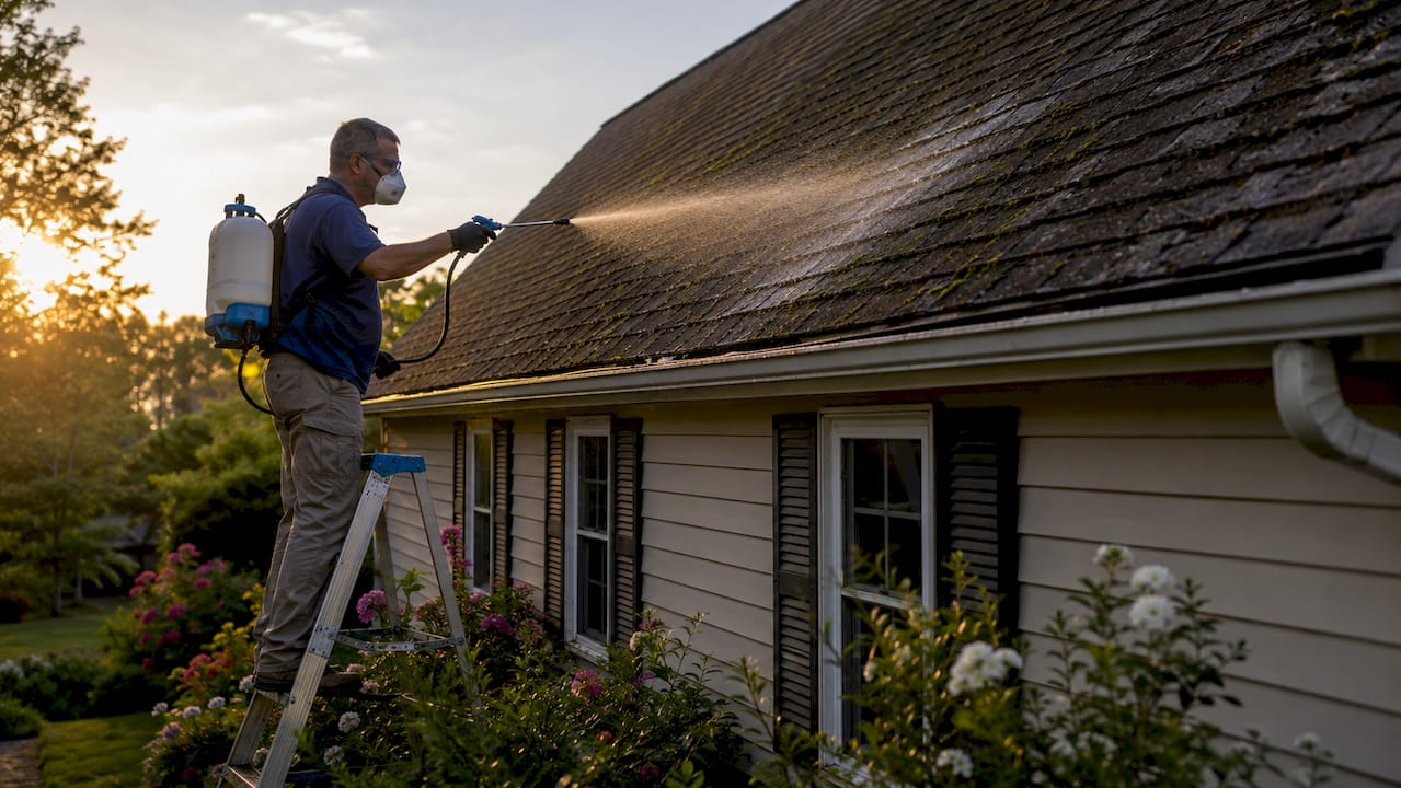 Side view of technician soft washing asphalt roof shingles
