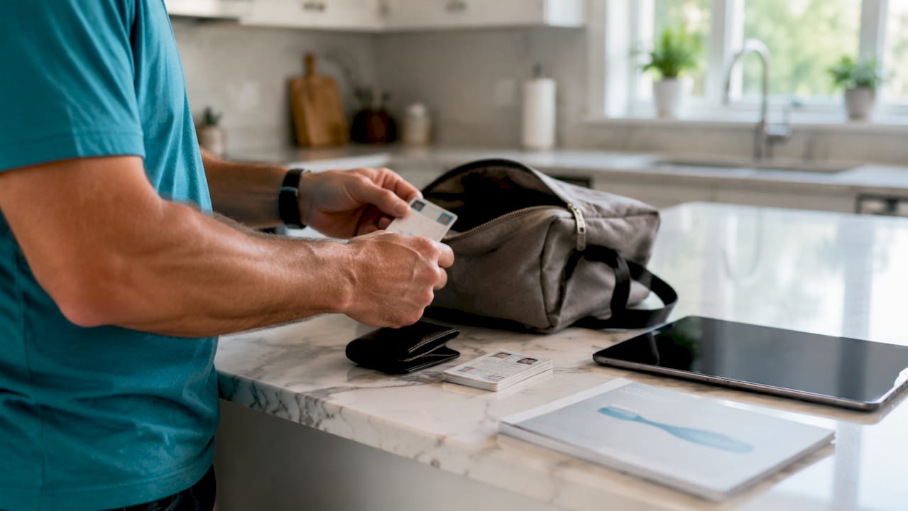Hands organizing dental appointment items on desk