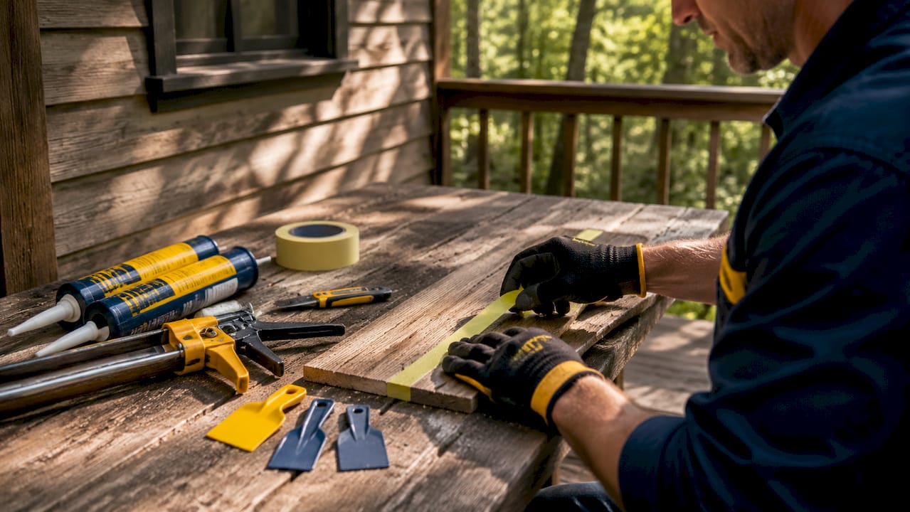 Hands setting up caulking repair tools on bench