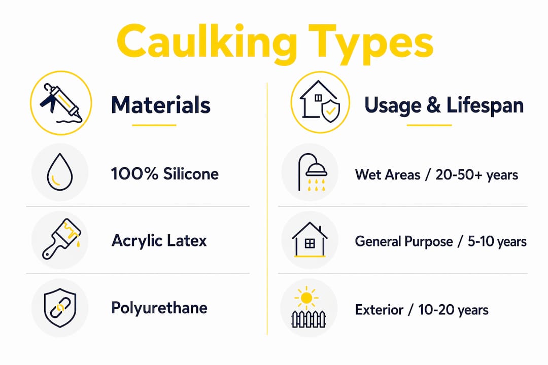 Infographic comparing caulking materials with usage and lifespan
