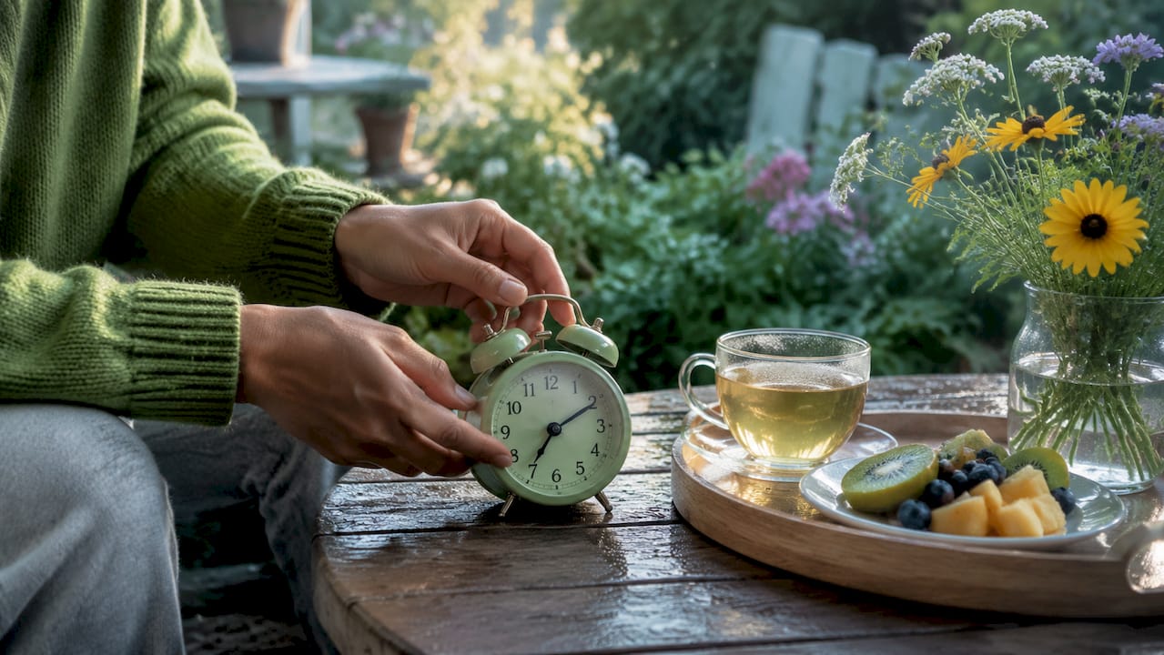 Hands setting alarm clock for sleep routine