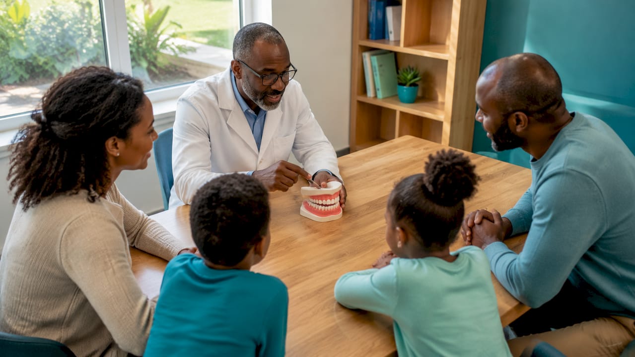 Dentist consulting family in cozy dental room