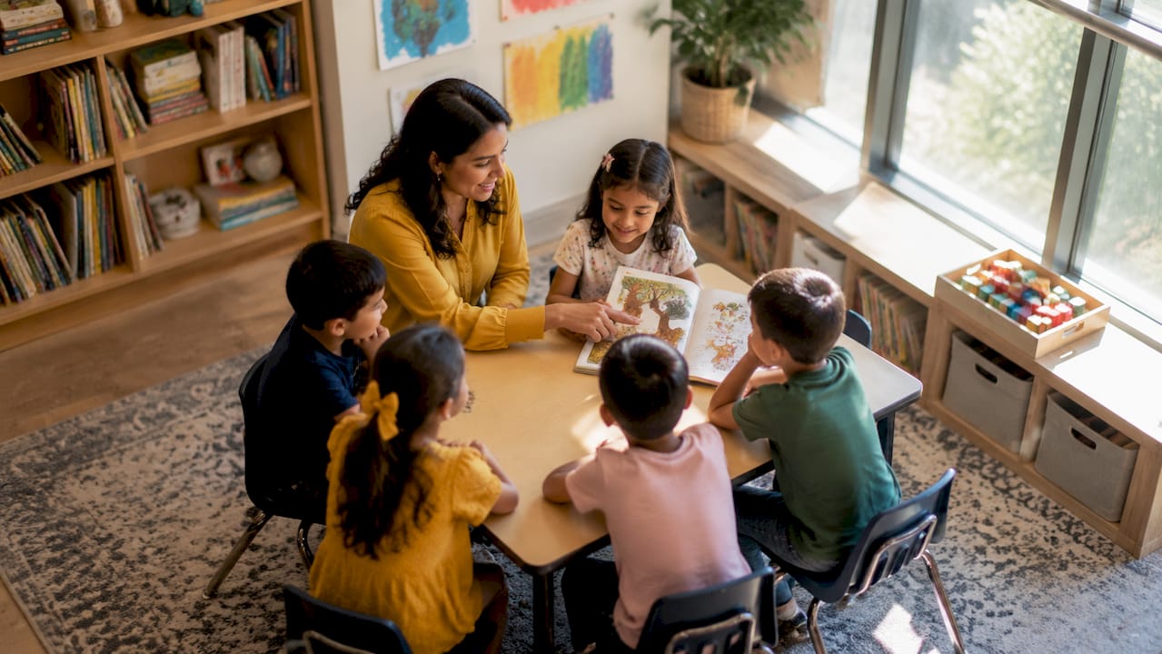 Teacher reading with elementary students in classroom