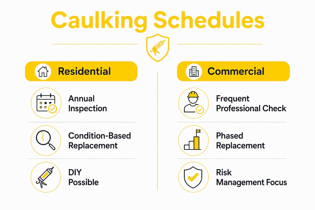 Infographic comparing commercial and residential caulking schedules