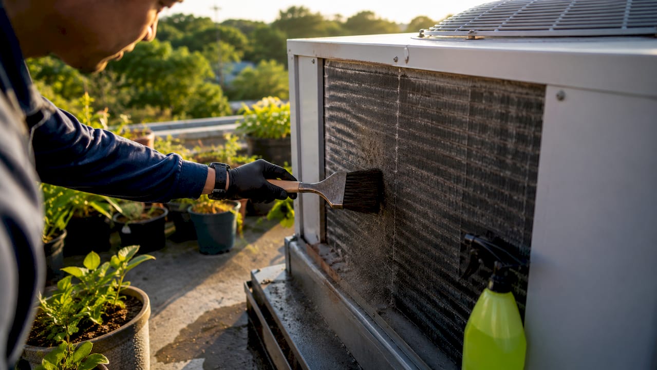 Hand cleaning HVAC condenser coils on rooftop